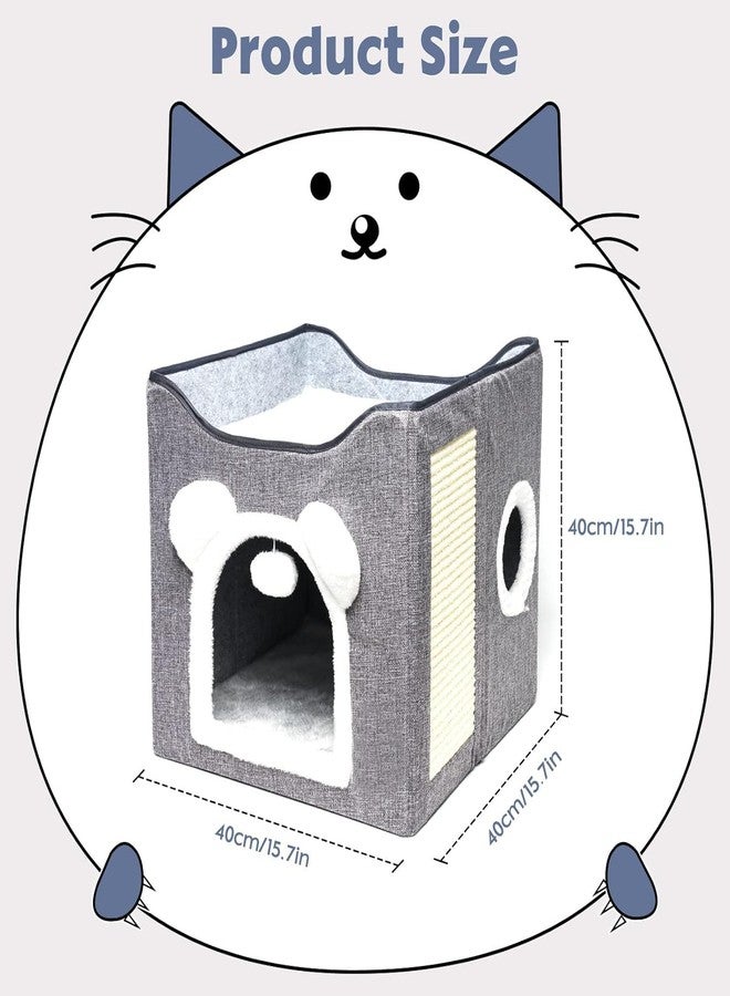 ARJEX Foldable Cat House 2 Layers, Cat Beds for Indoor Cats - Large Cat Cave for Pet Cat House with Fluffy Ball Hanging and Scratch Pad, Foldable Hideaway, 40x40x40 CM - Image 2